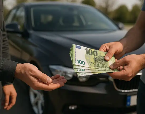 Ein zufriedener Kunde erhält Bargeld beim Autoankauf in Eisenach.